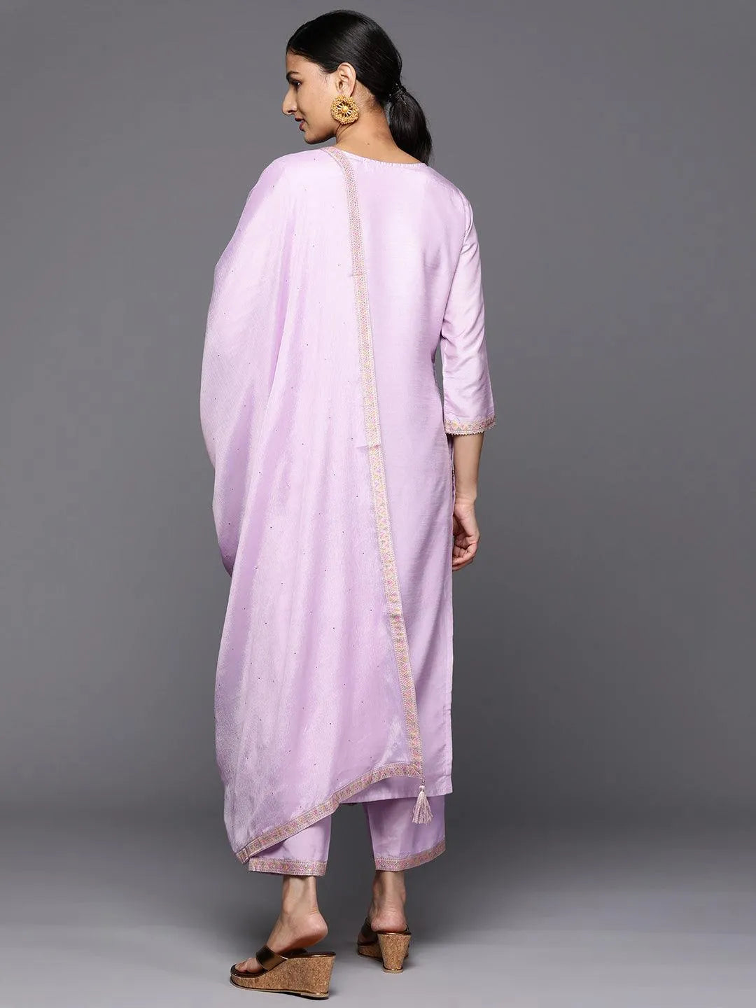 Mameraa Lavender Woven Design Silk Blend Straight Kurta With Trousers & Dupatta