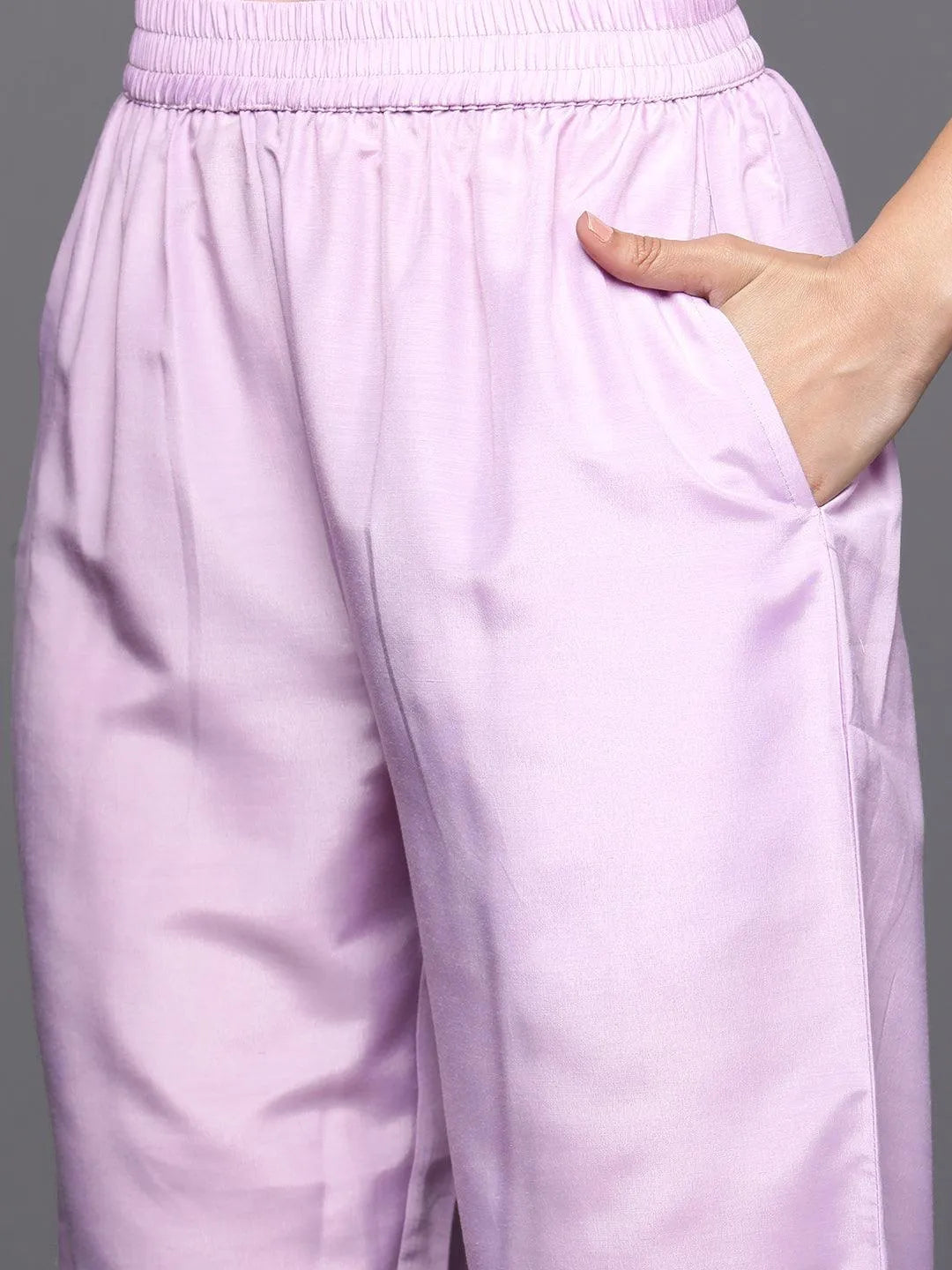 Mameraa Lavender Woven Design Silk Blend Straight Kurta With Trousers & Dupatta