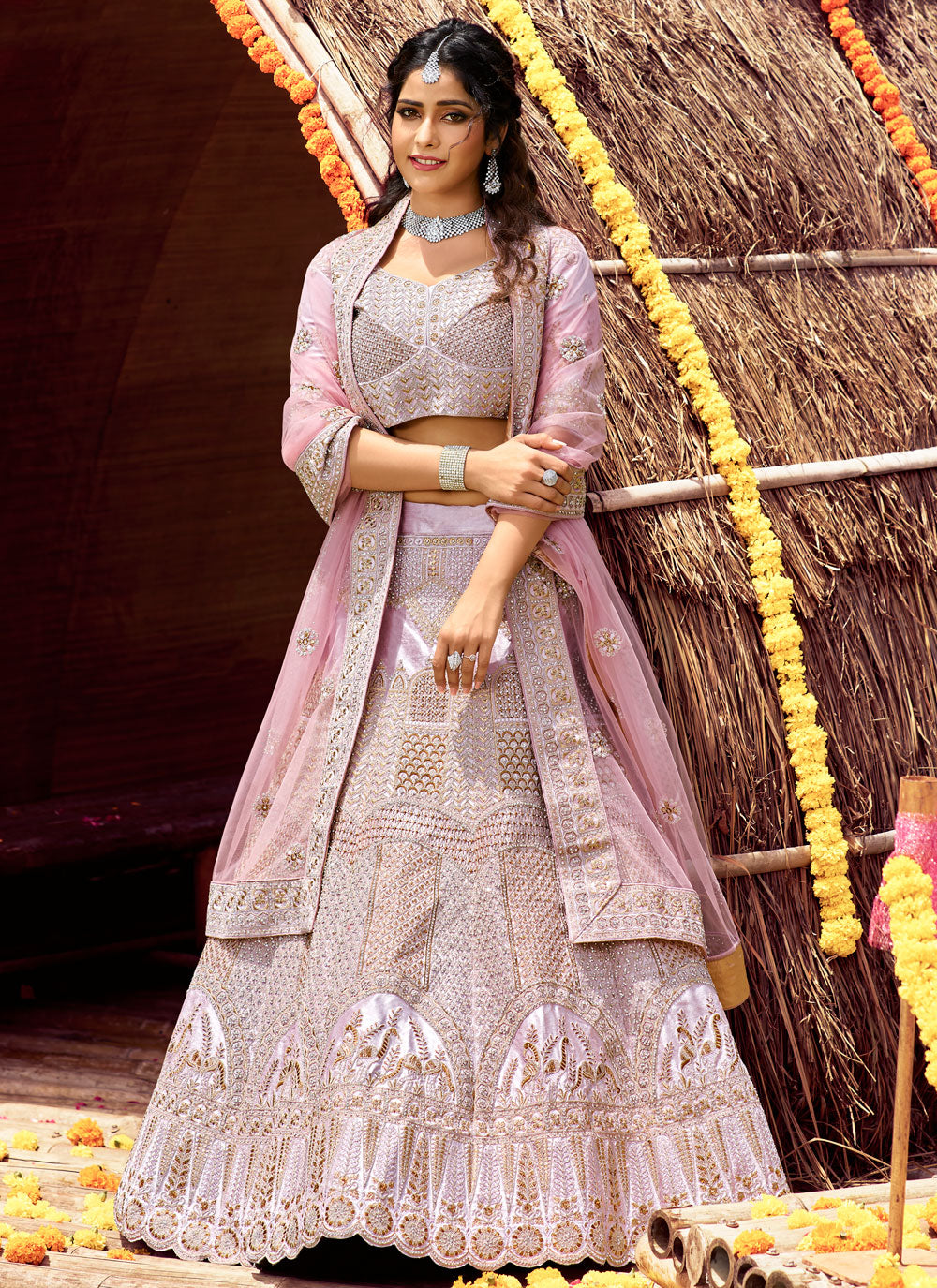 Pink Embroidered Velvet Semi Stitched Lehenga