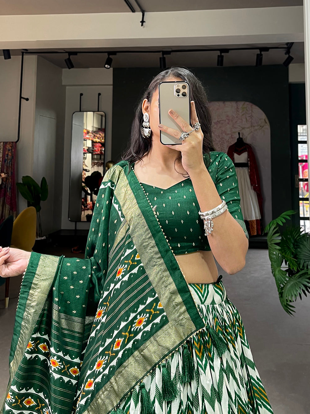Green Color Leheriya With Foil Work Tussar Silk Lehenga Choli