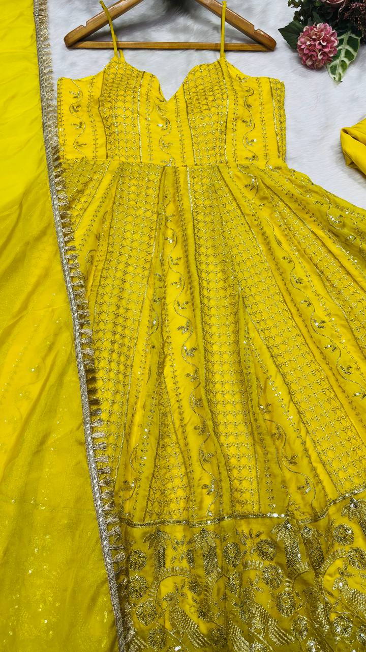 Lemon Organza Embroidered Gown Sharara Set