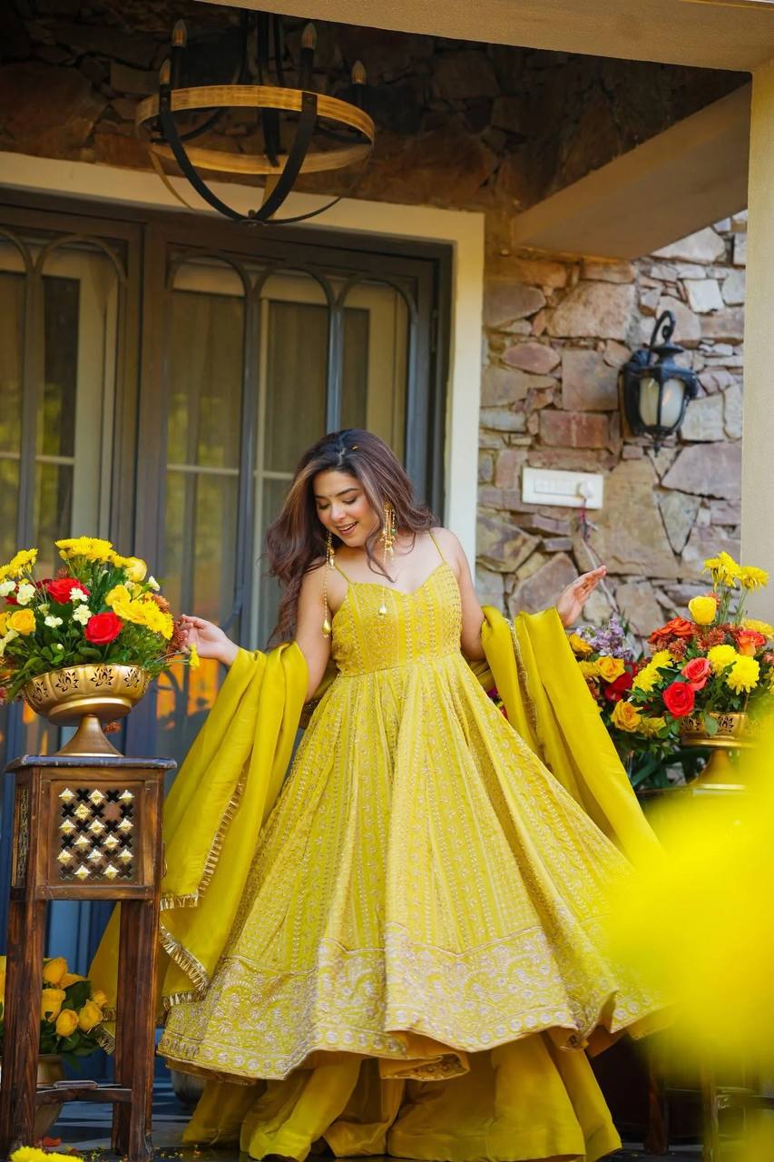 Lemon Organza Embroidered Gown Sharara Set