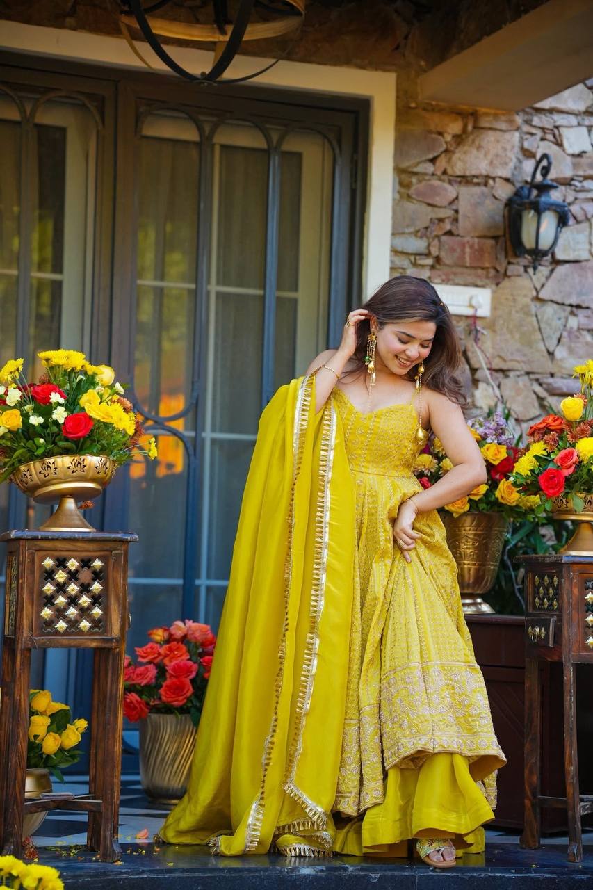 Lemon Organza Embroidered Gown Sharara Set