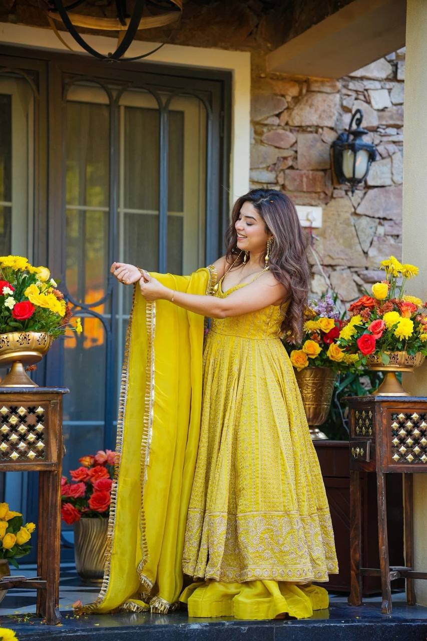 Lemon Organza Embroidered Gown Sharara Set