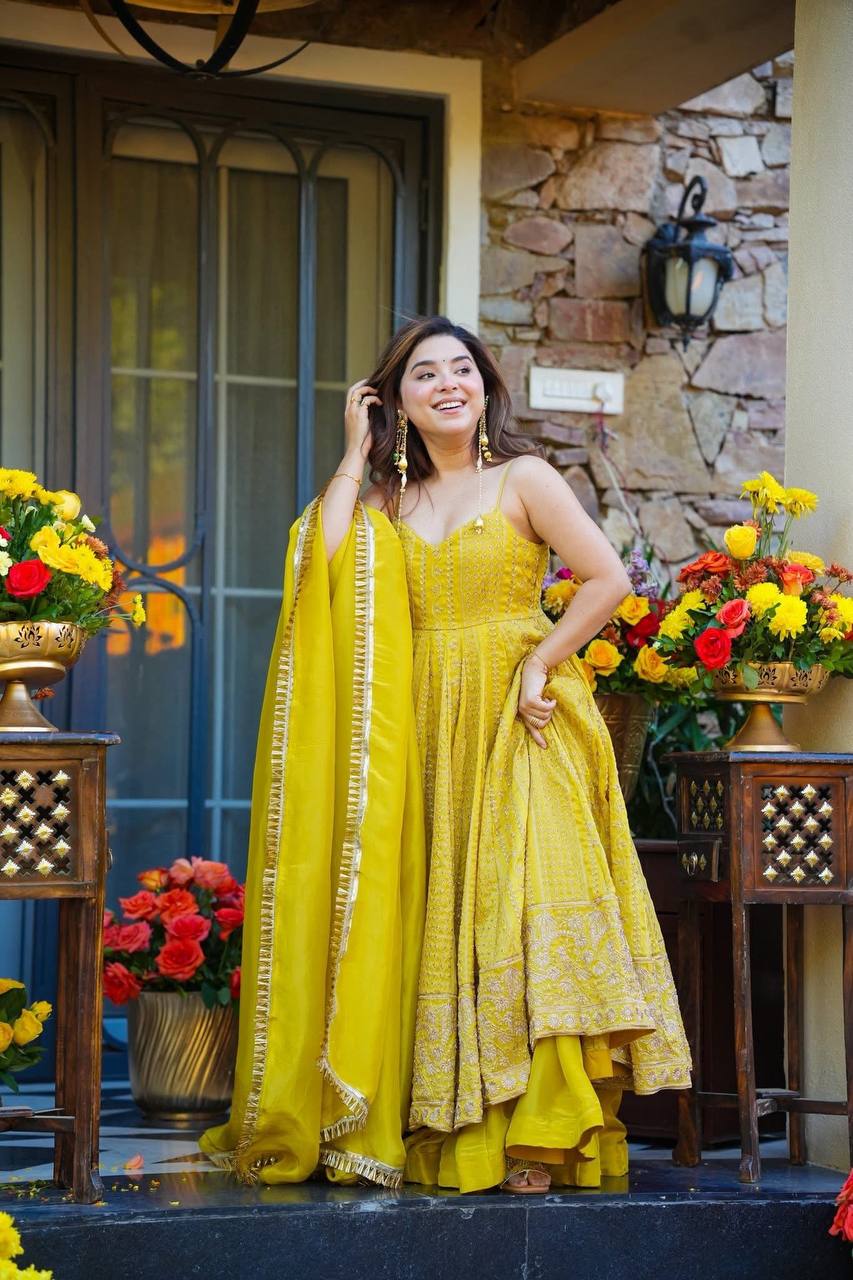 Lemon Organza Embroidered Gown Sharara Set