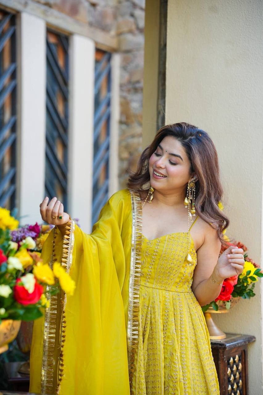 Lemon Organza Embroidered Gown Sharara Set