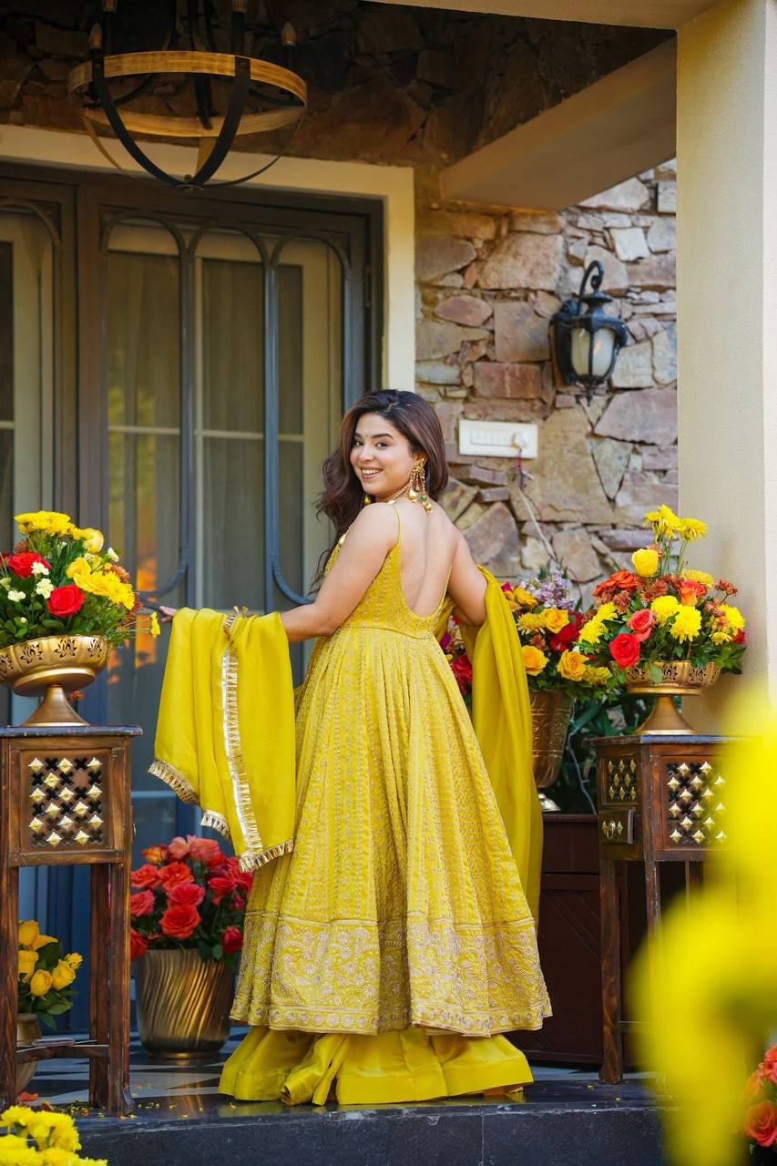 Lemon Organza Embroidered Gown Sharara Set