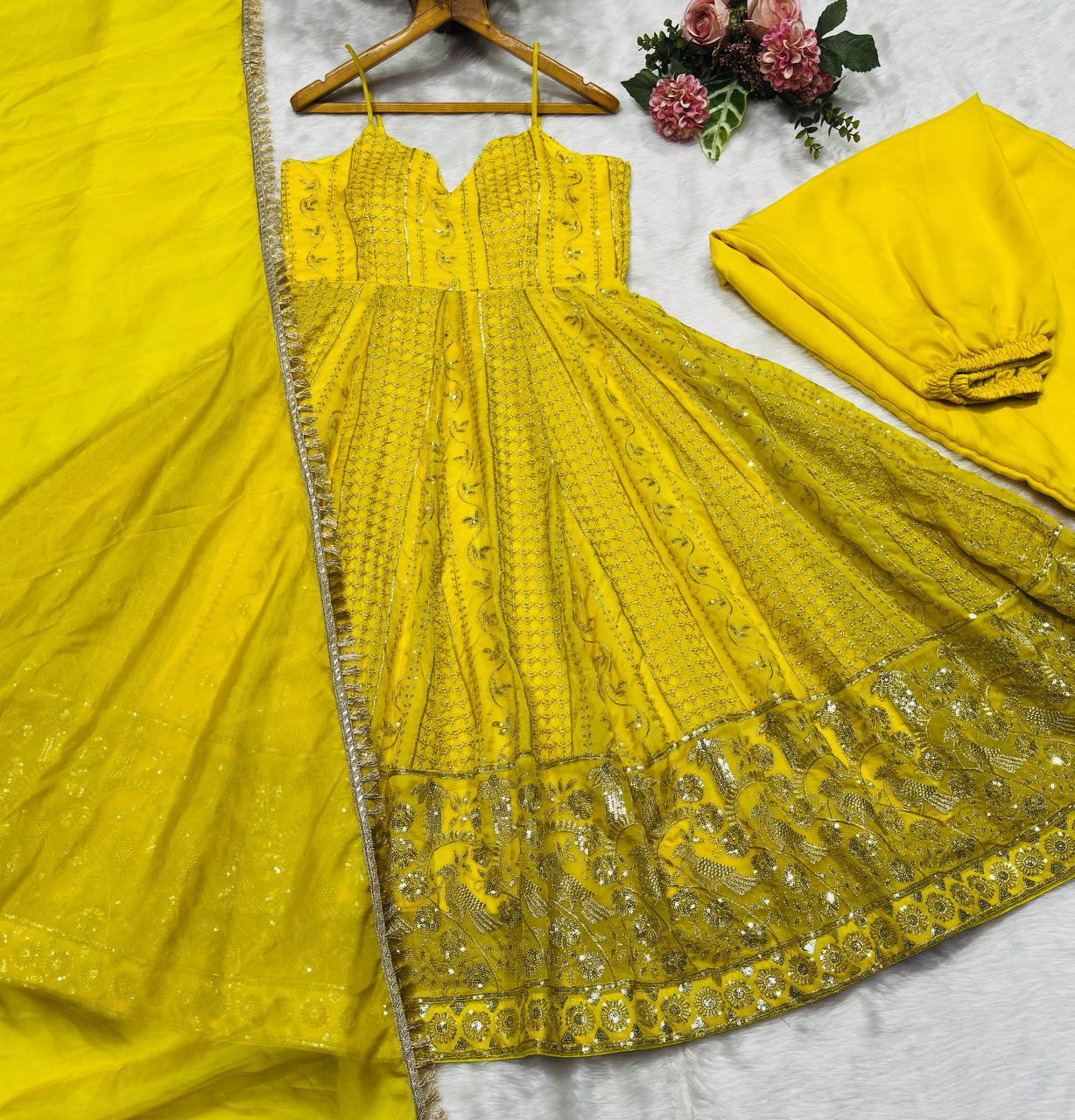 Lemon Organza Embroidered Gown Sharara Set