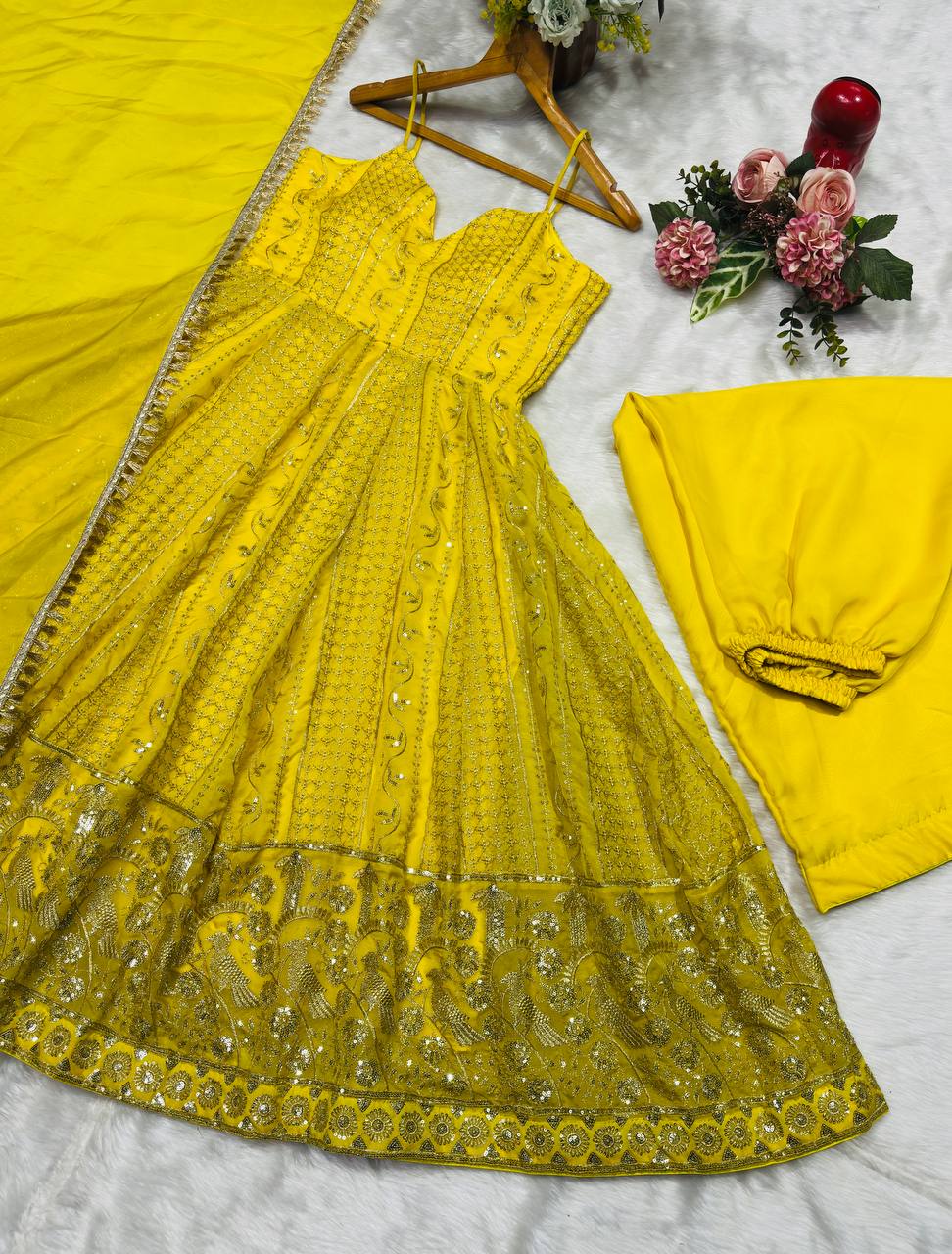 Lemon Organza Embroidered Gown Sharara Set
