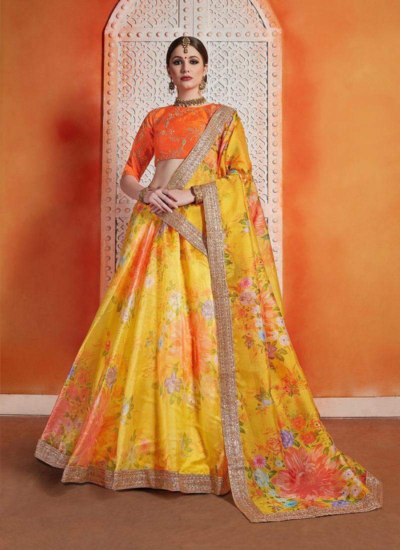 Lemon Yellow Color Designer Oraganza Base Printed Lehenga Choli