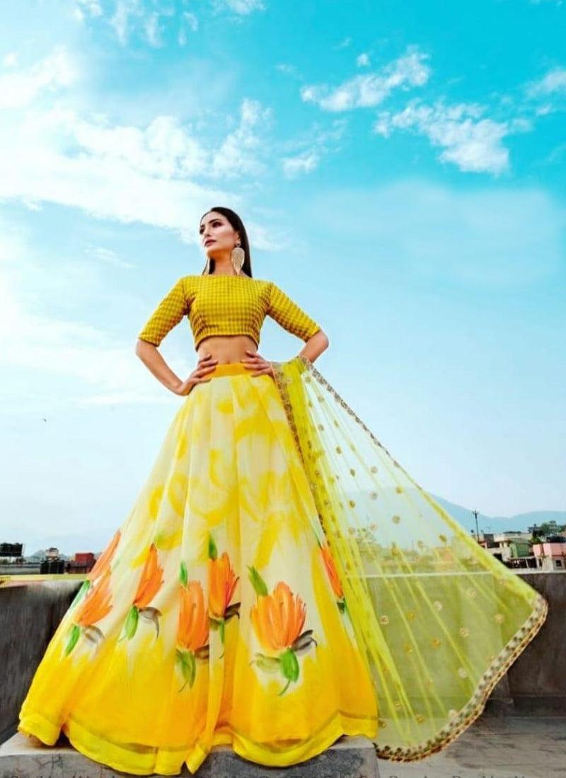 Lemon Yellow Color Party Wear Designer Digital Printed Lehenga Choli