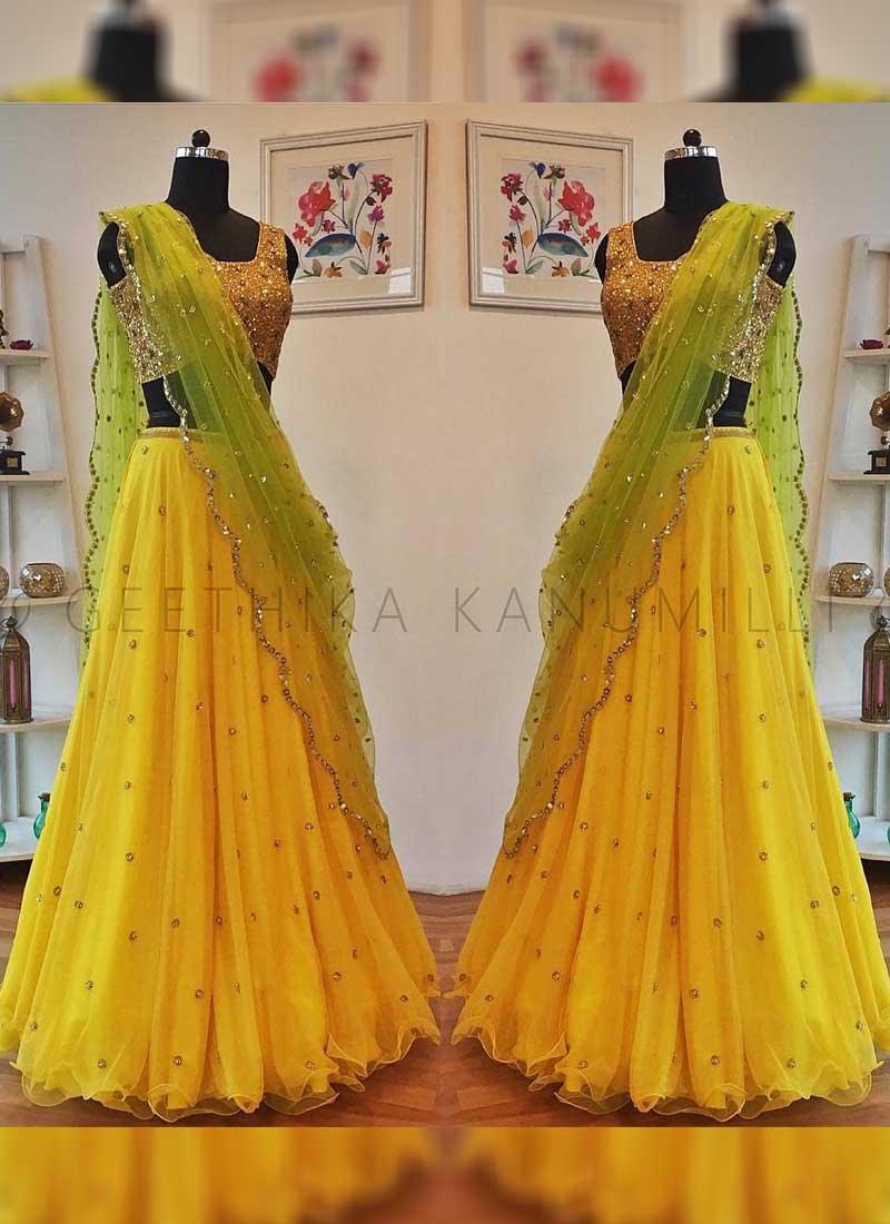 Lemon Yellow Color Party Wear Sequins Work Lehenga Choli