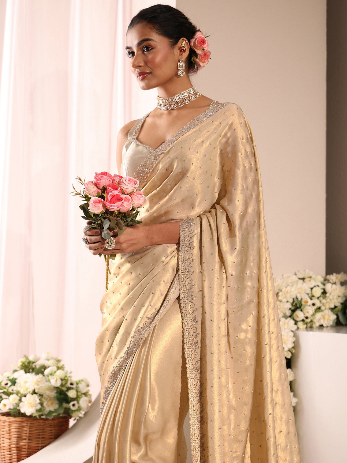 Mameraa Art Beige Embellished Satin Saree With Unstitched Blouse Piece