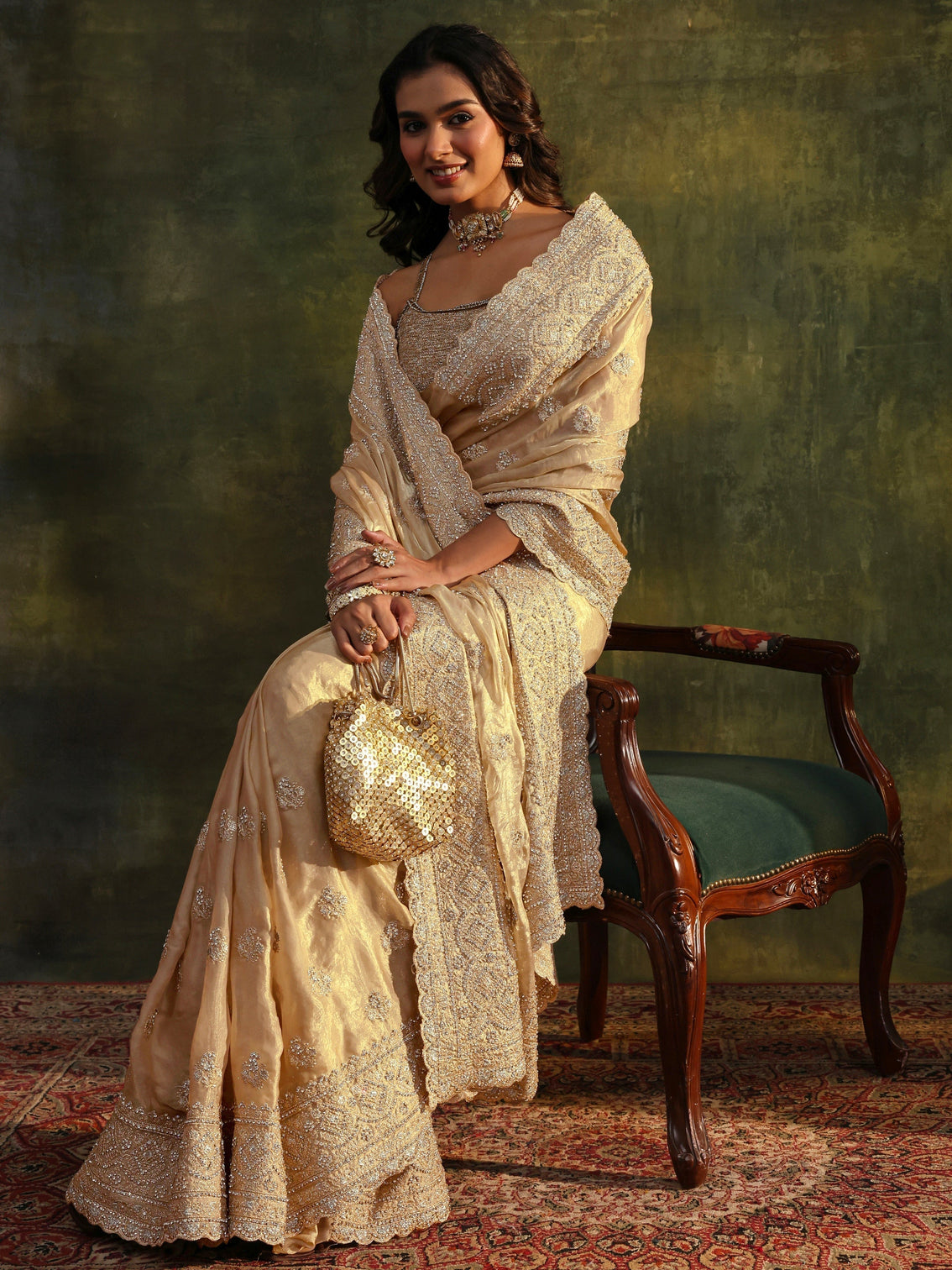 Mameraa Art Beige Embellished Tissue Saree With Unstitched Blouse Piece