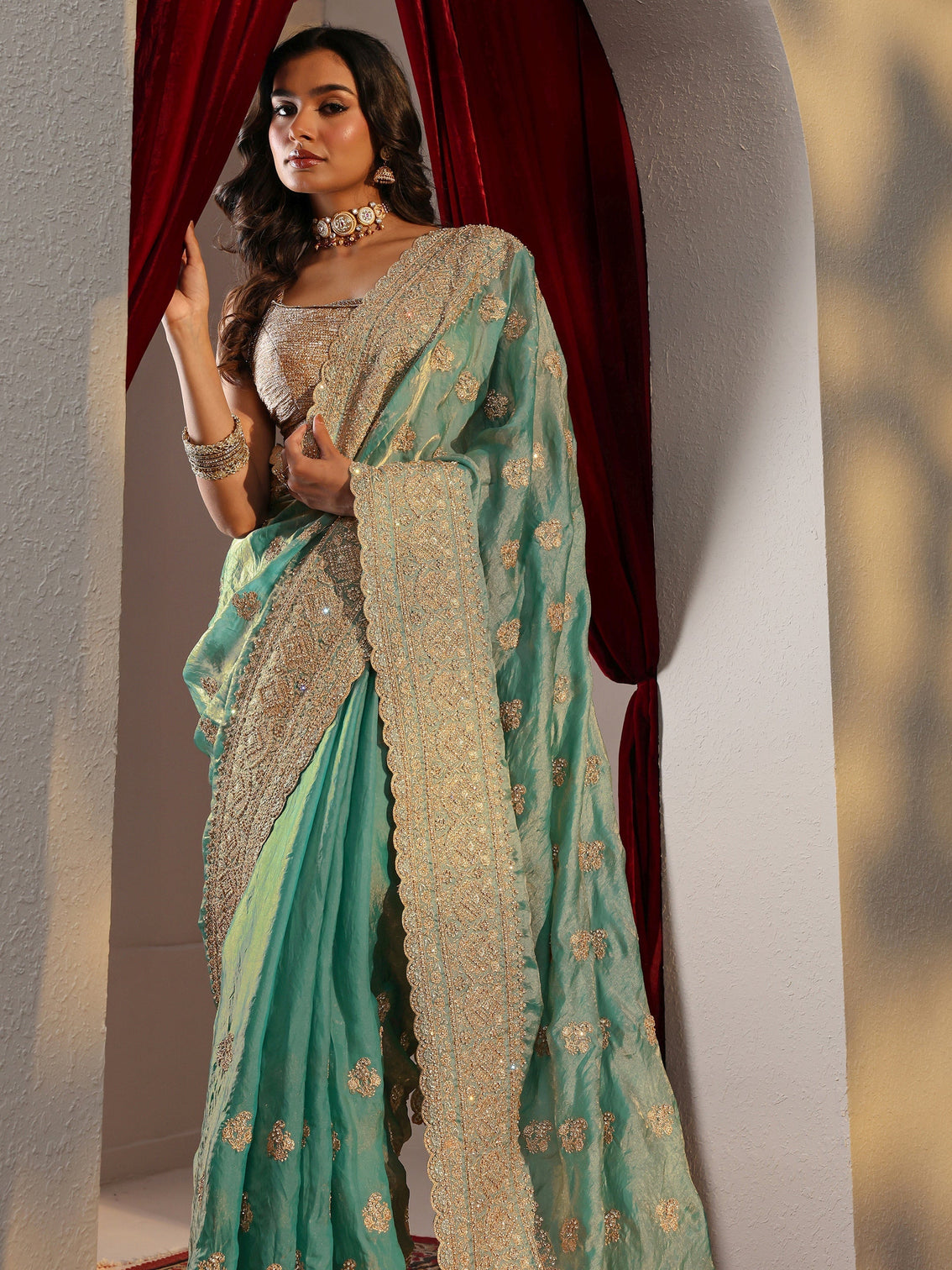 Mameraa Art Blue Embellished Tissue Saree With Unstitched Blouse Piece