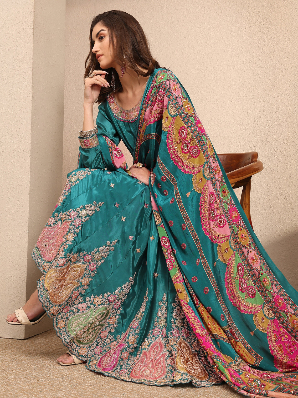 Mameraa Art Blue Embroidered Crepe Anarkali Suit Set With Dupatta