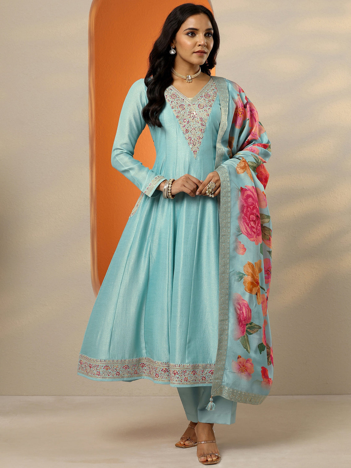 Mameraa Blue Embroidered Silk Blend Anarkali Suit Set With Dupatta