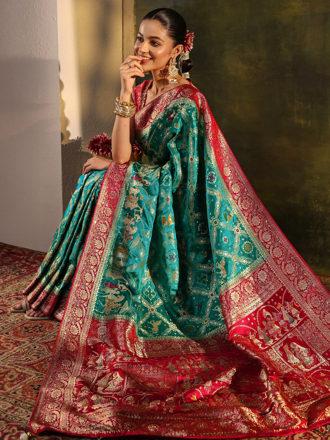 Mameraa Art Blue Gharchola Woven Design Satin Saree With Unstitched Blouse Piece