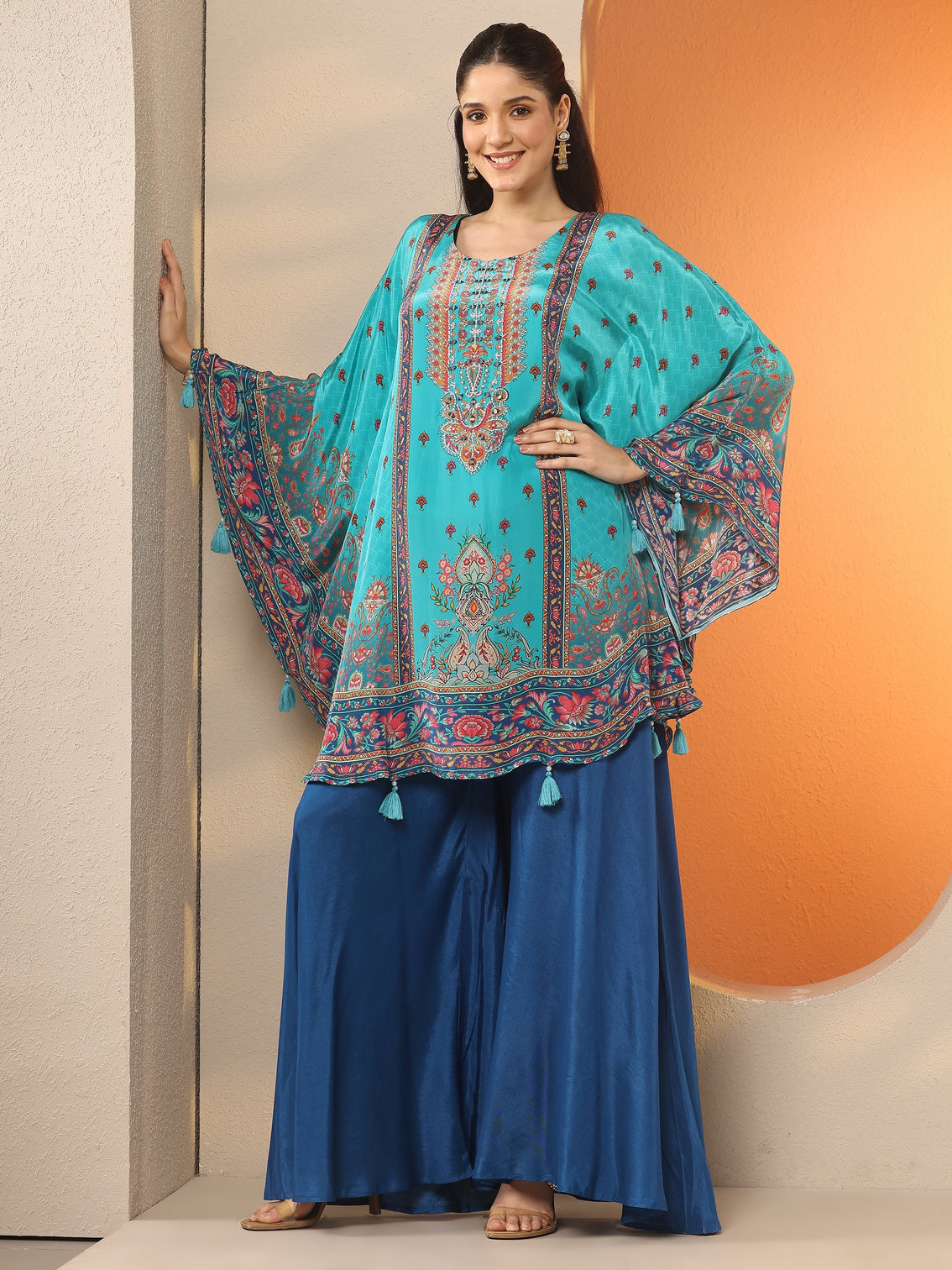 Mameraa Blue Printed Crepe A-Line Kurta Set