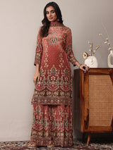 Libas Art Brown Printed Silk Crepe Straight Suit Set With Dupatta