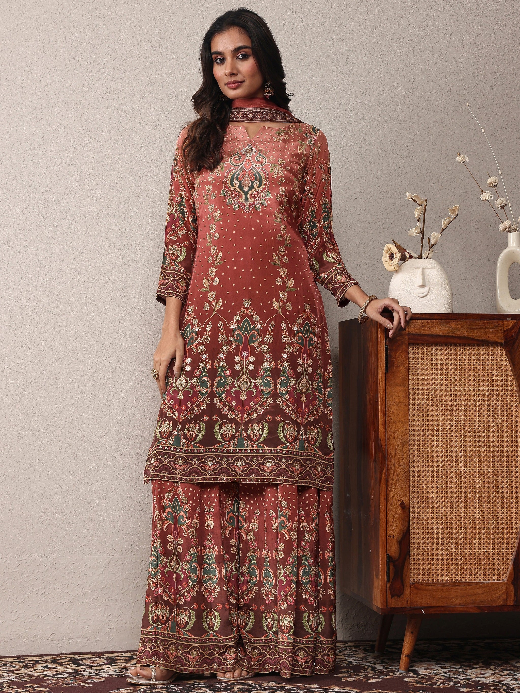 Libas Art Brown Printed Silk Crepe Straight Suit Set With Dupatta