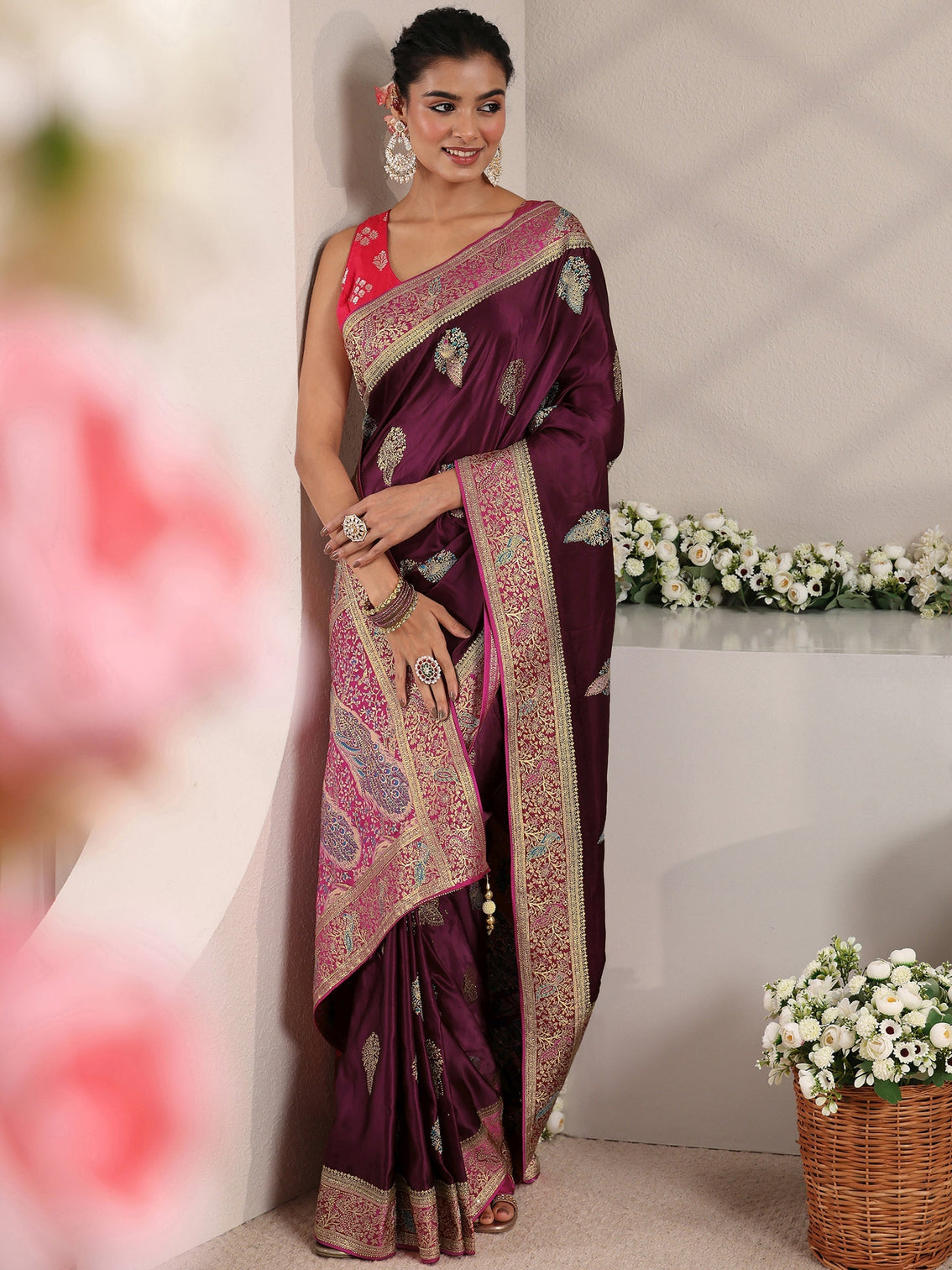 Mameraa Art Burgundy Ethnic Woven Design Satin Saree With Unstitched Blouse Piece