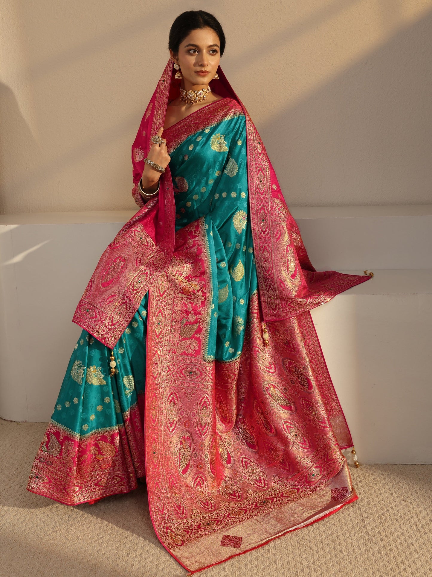Libas Art Green Banarasi Satin Sareewith Unstiched Blouse Piece And Dupatta