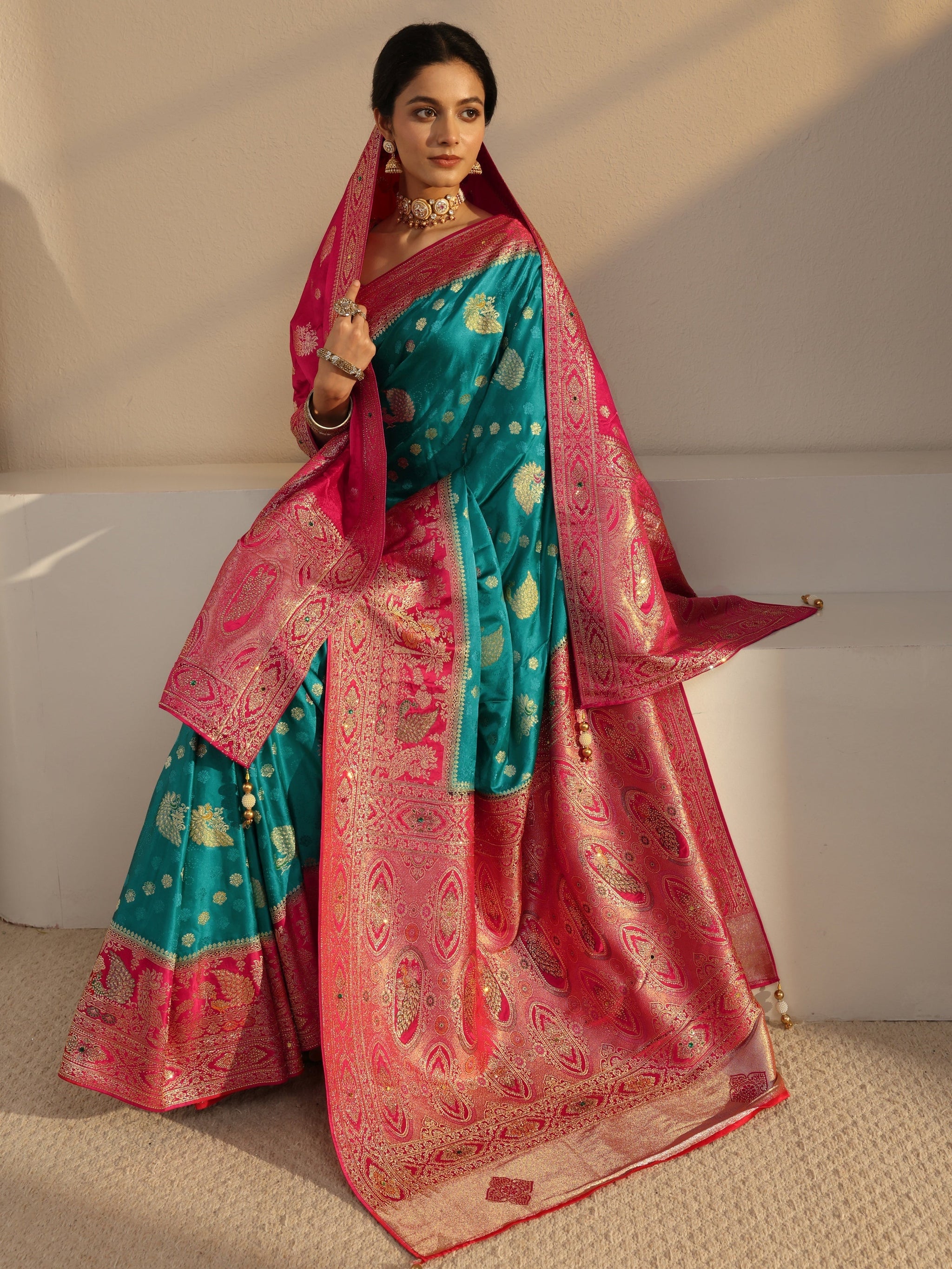 Libas Art Green Banarasi Satin Sareewith Unstiched Blouse Piece And Dupatta