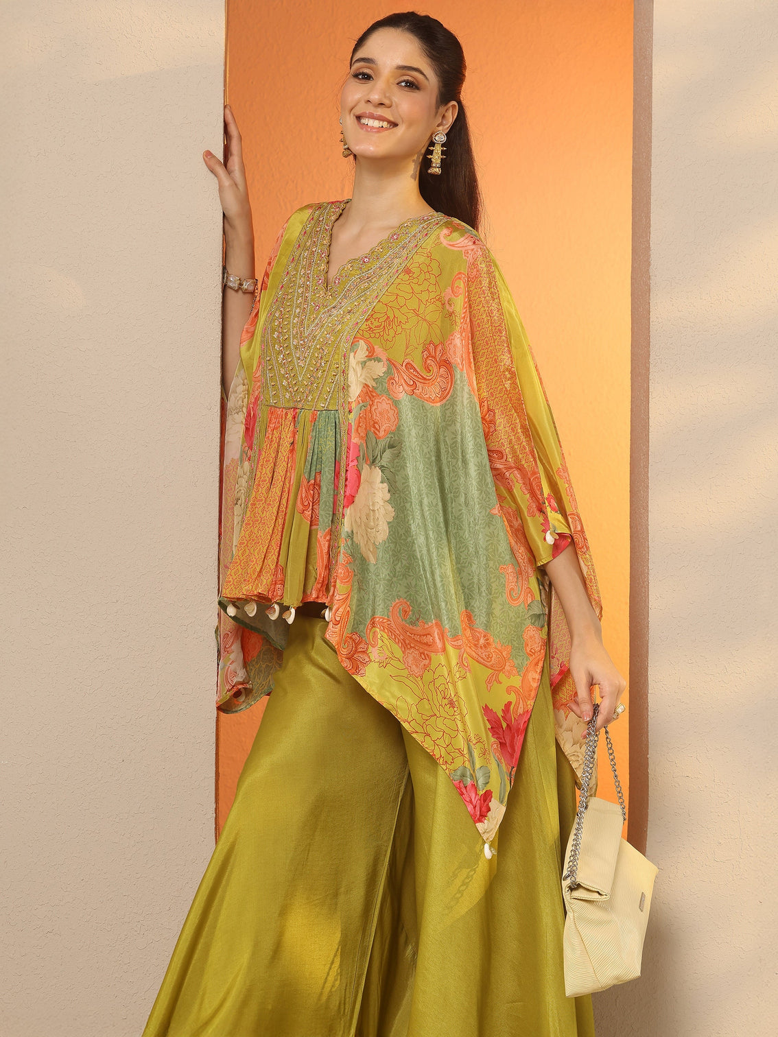 Mameraa Green Printed Crepe A-Line Kurta Set