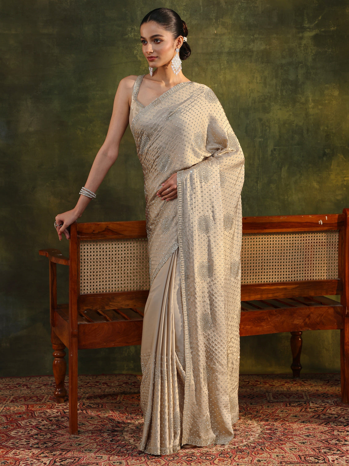 Mameraa Art Ivory Embellished Satin Saree With Unstitched Blouse Piece