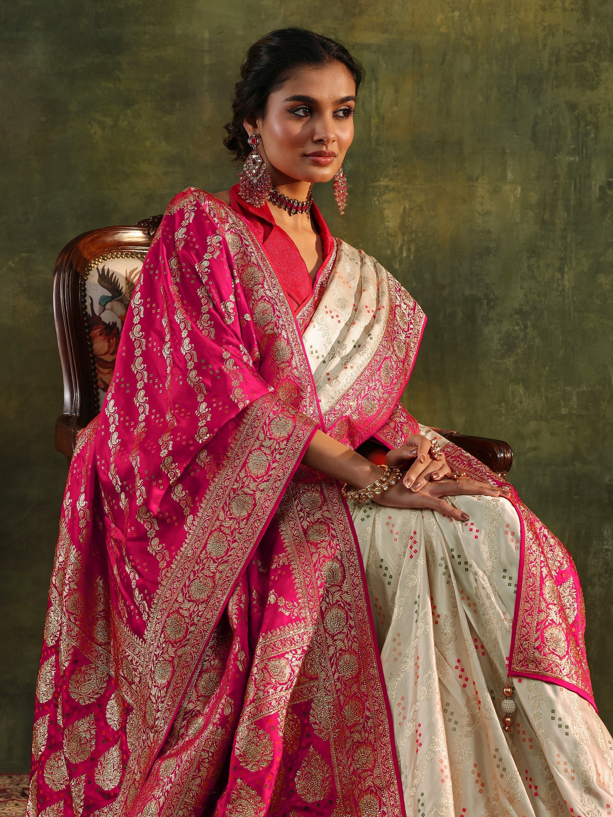 Libas Art Ivory Gharchola Satin Saree With Unstitched Blouse Piece