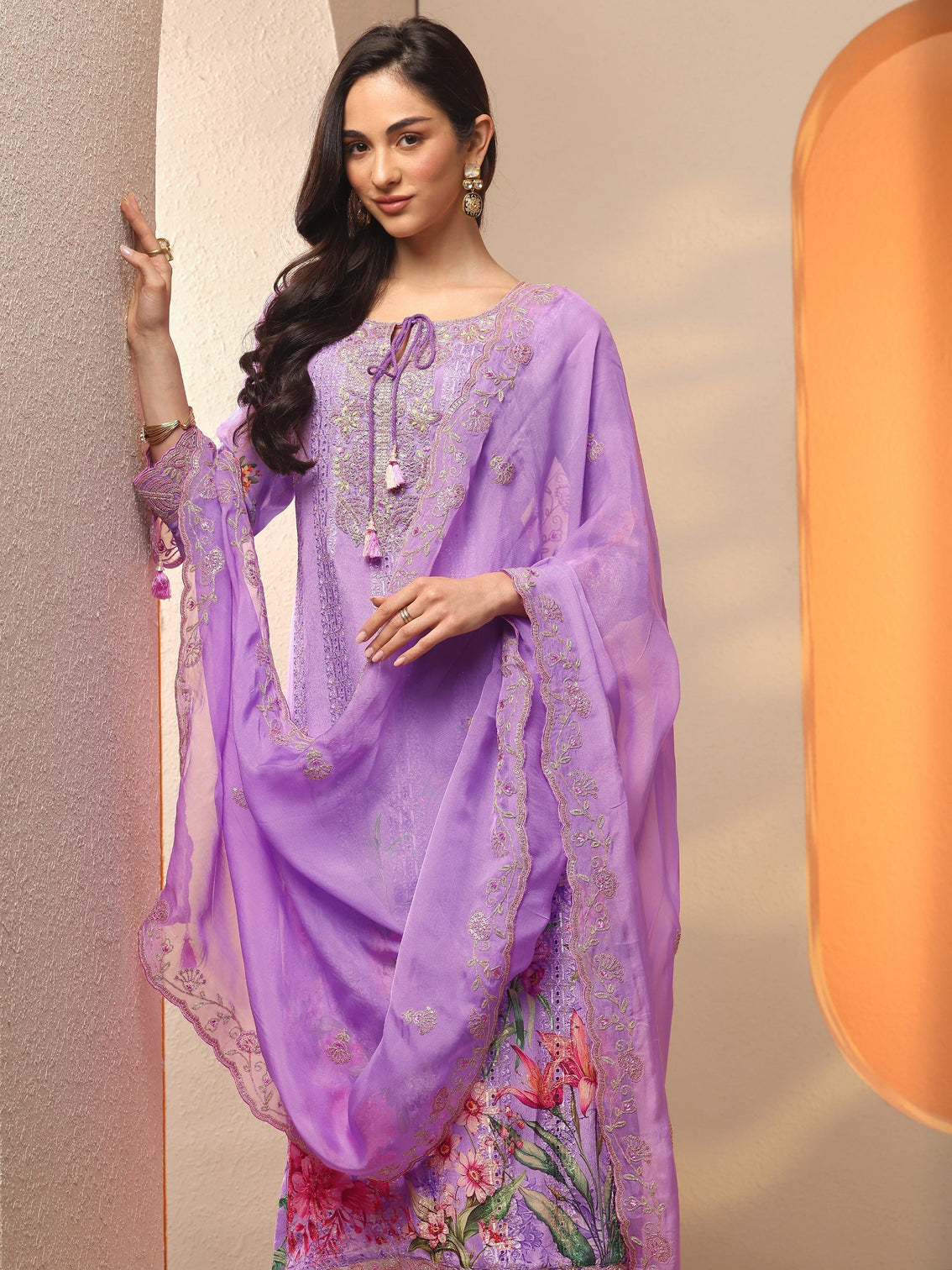 Mameraa Lavender Embroidered Chinon Straight Suit Set With Dupatta