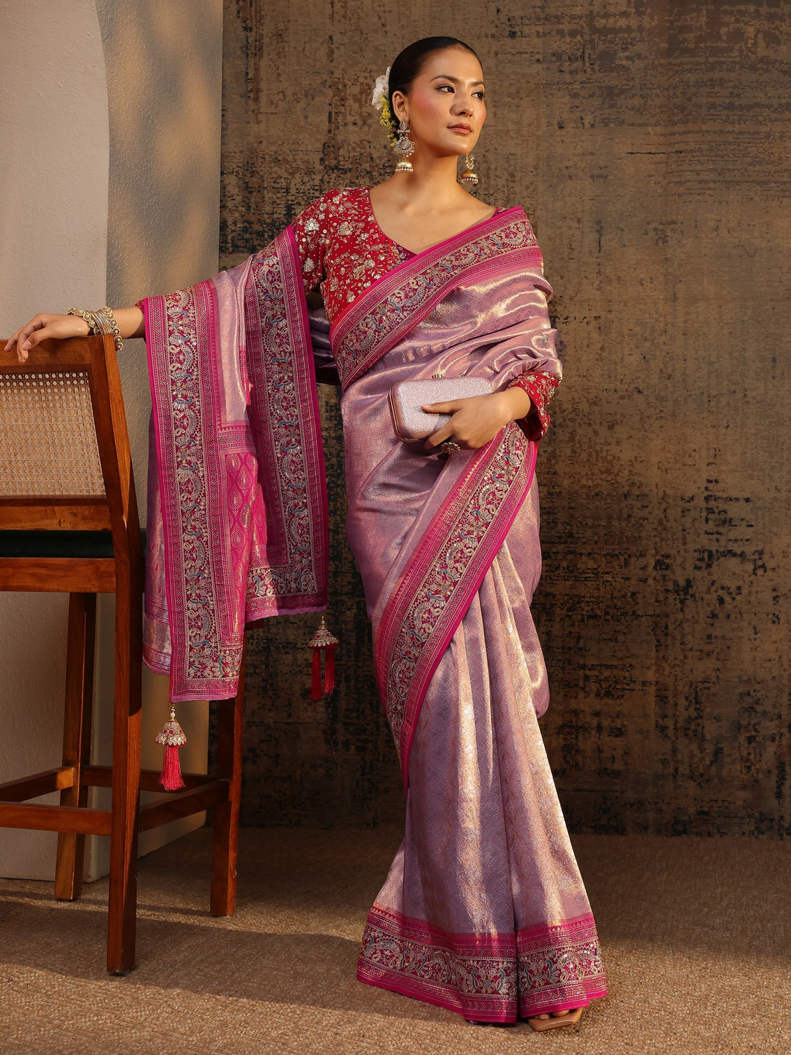 Mameraa Art Lavender Ethnic Motifs Woven Design Silk Blend Saree With Unstitched Blouse Piece