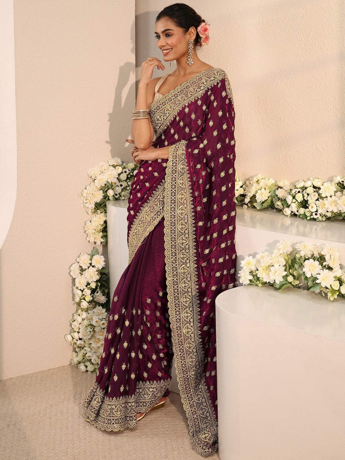 Mameraa Art Maroon Embellished Tissue Saree With Unstitched Blouse Piece