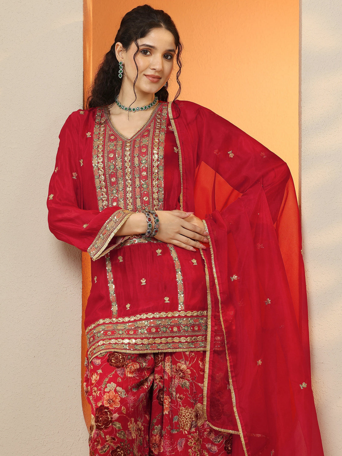 Mameraa Maroon Embroidered Chinon Straight Suit Set With Dupatta