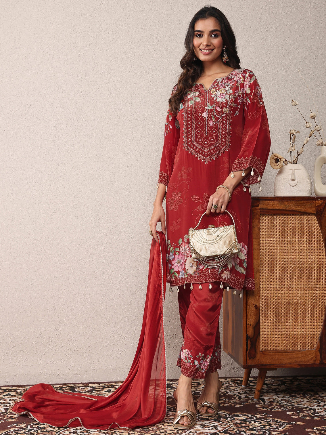 Mameraa Maroon Printed Silk Crepe Straight Suit Set With Dupatta