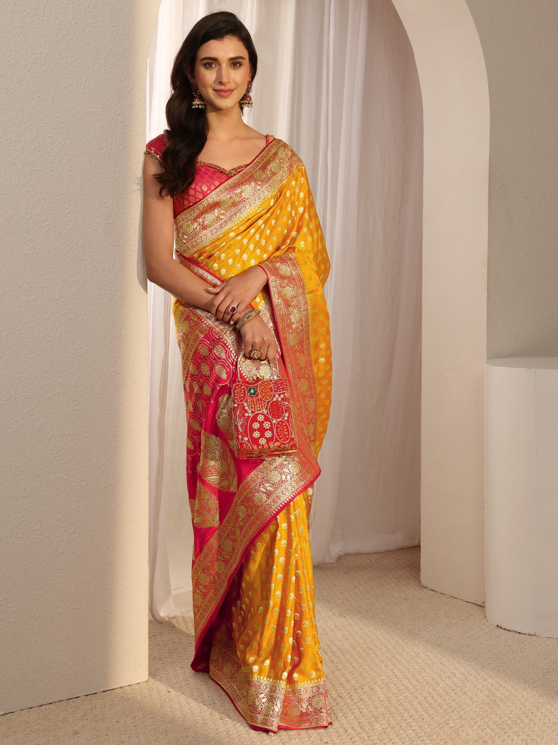 Mameraa Art Mustard Banarasi Satin Saree With Unstitched Blouse Piece