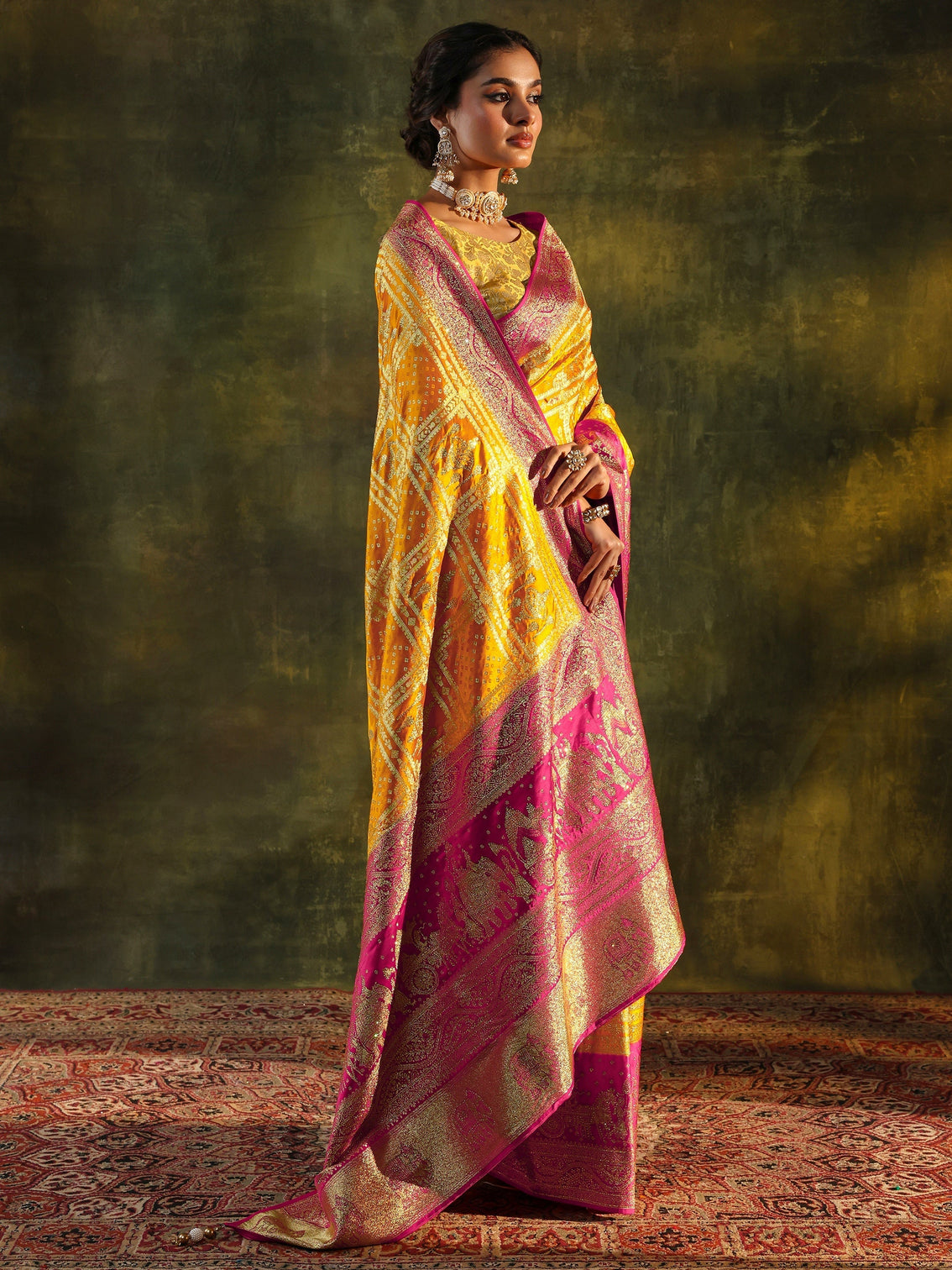 Mameraa Art Mustard Embellished Satin Saree With Unstitched Blouse Piece