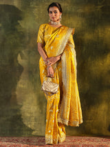 Libas Art Mustard Embellished Woven Design Silk Saree With Unstitched Blouse Piece