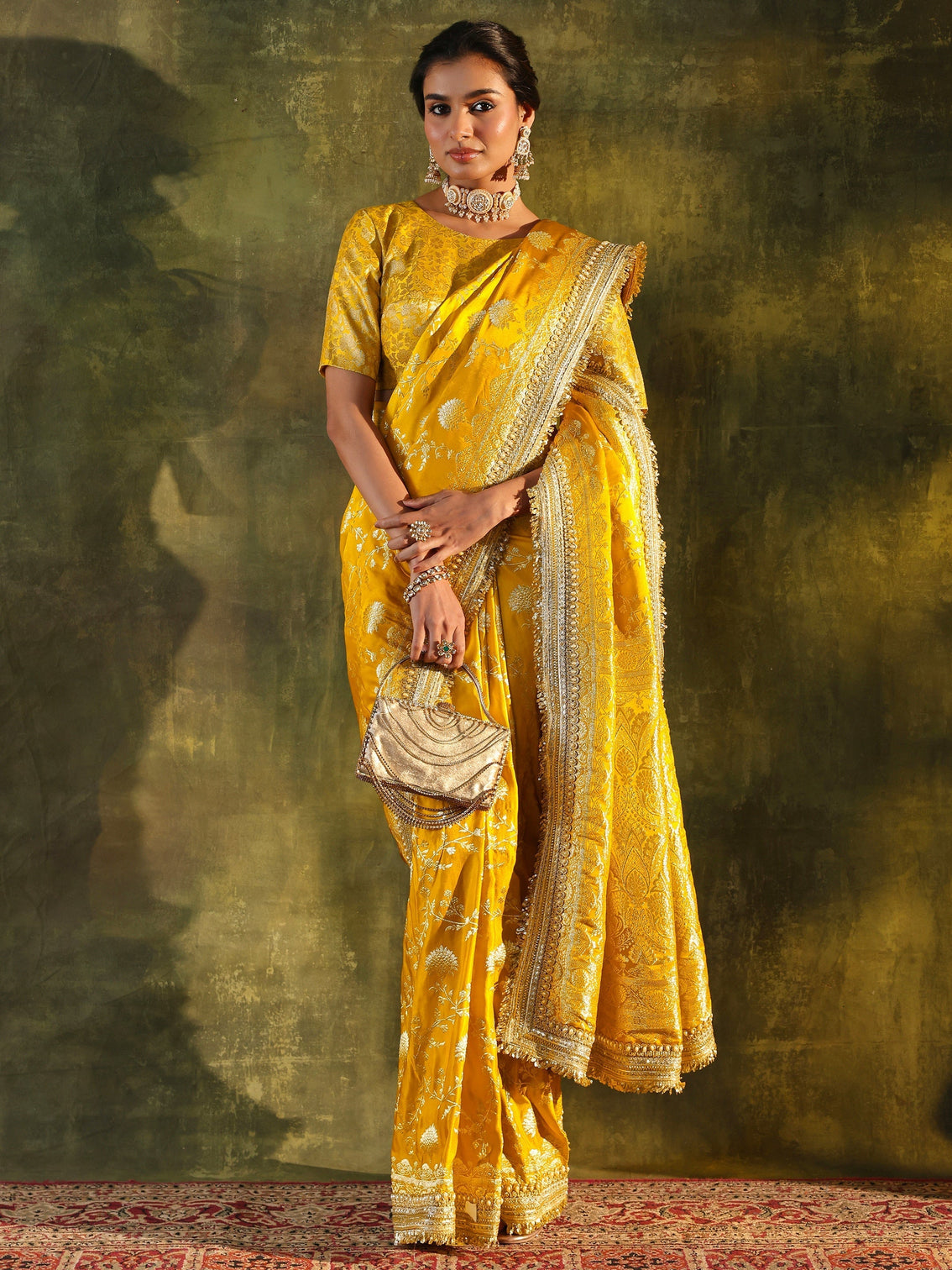 Mameraa Art Mustard Embellished Woven Design Silk Saree With Unstitched Blouse Piece