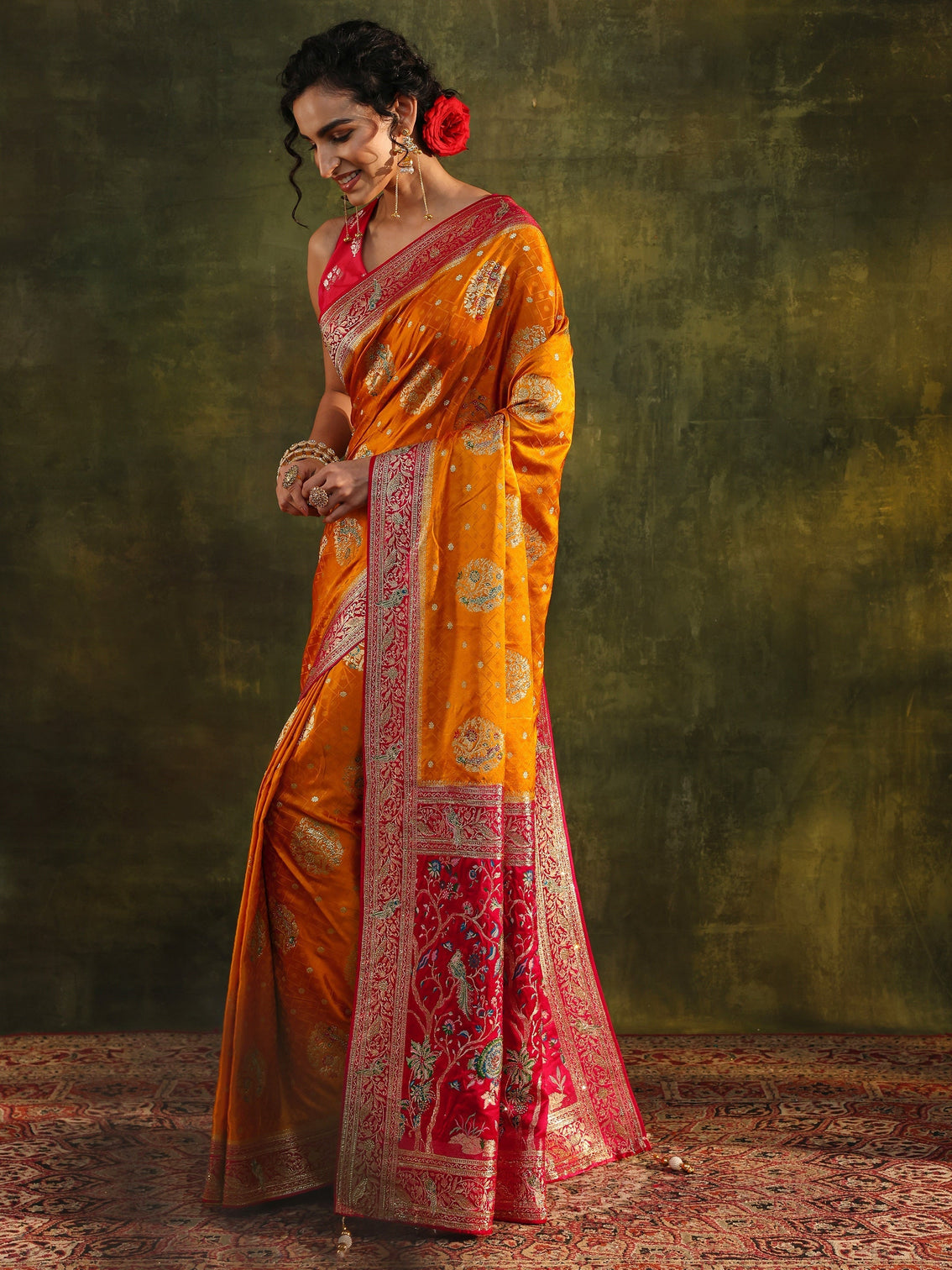 Mameraa Art Mustard Ethnic Woven Design Satin Saree With Unstitched Blouse Piece
