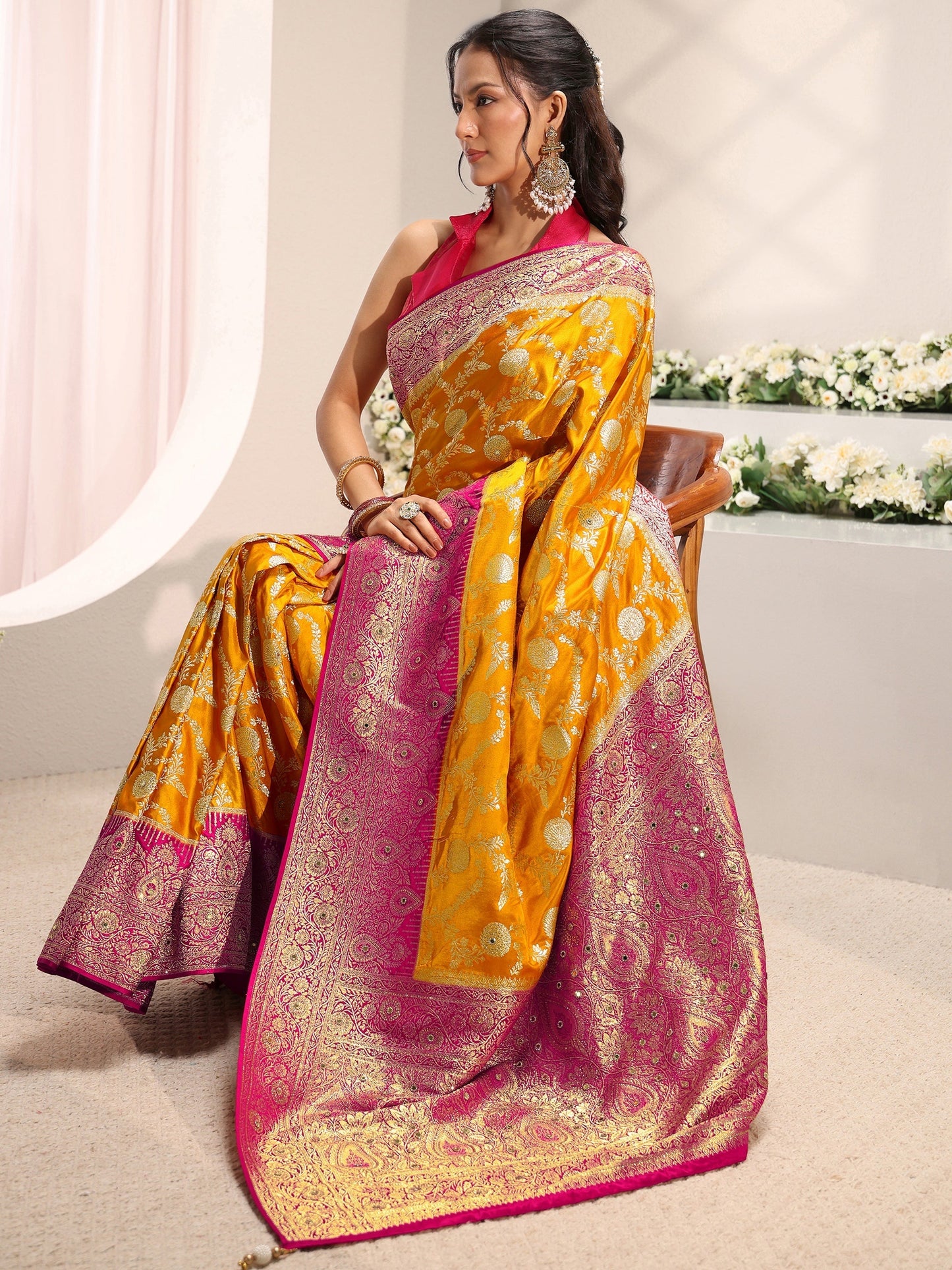 Libas Art Mustard Floral Woven Design Satin Saree With Unstitched Blouse Piece