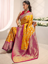 Libas Art Mustard Floral Woven Design Satin Saree With Unstitched Blouse Piece