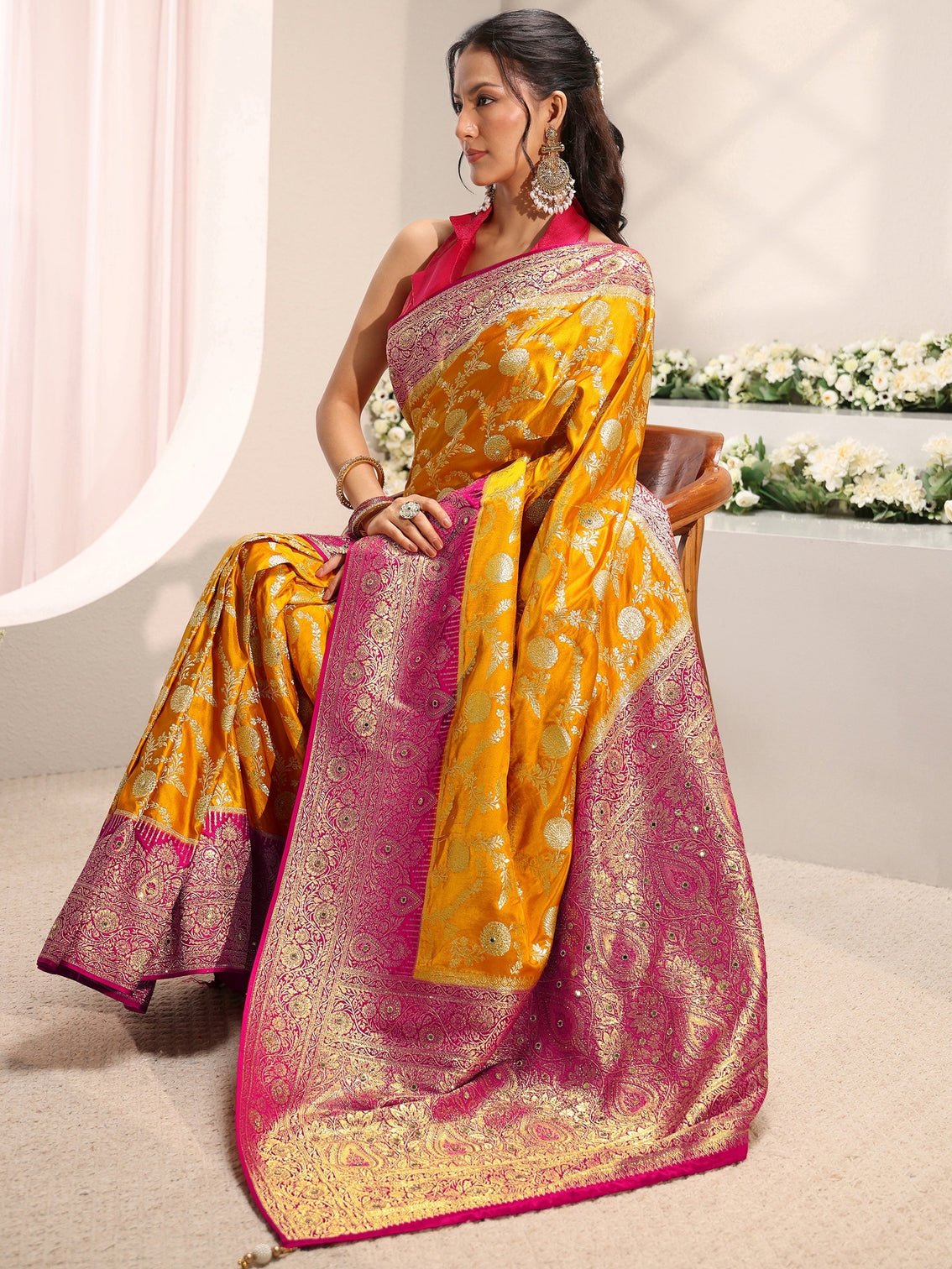 Mameraa Art Mustard Floral Woven Design Satin Saree With Unstitched Blouse Piece