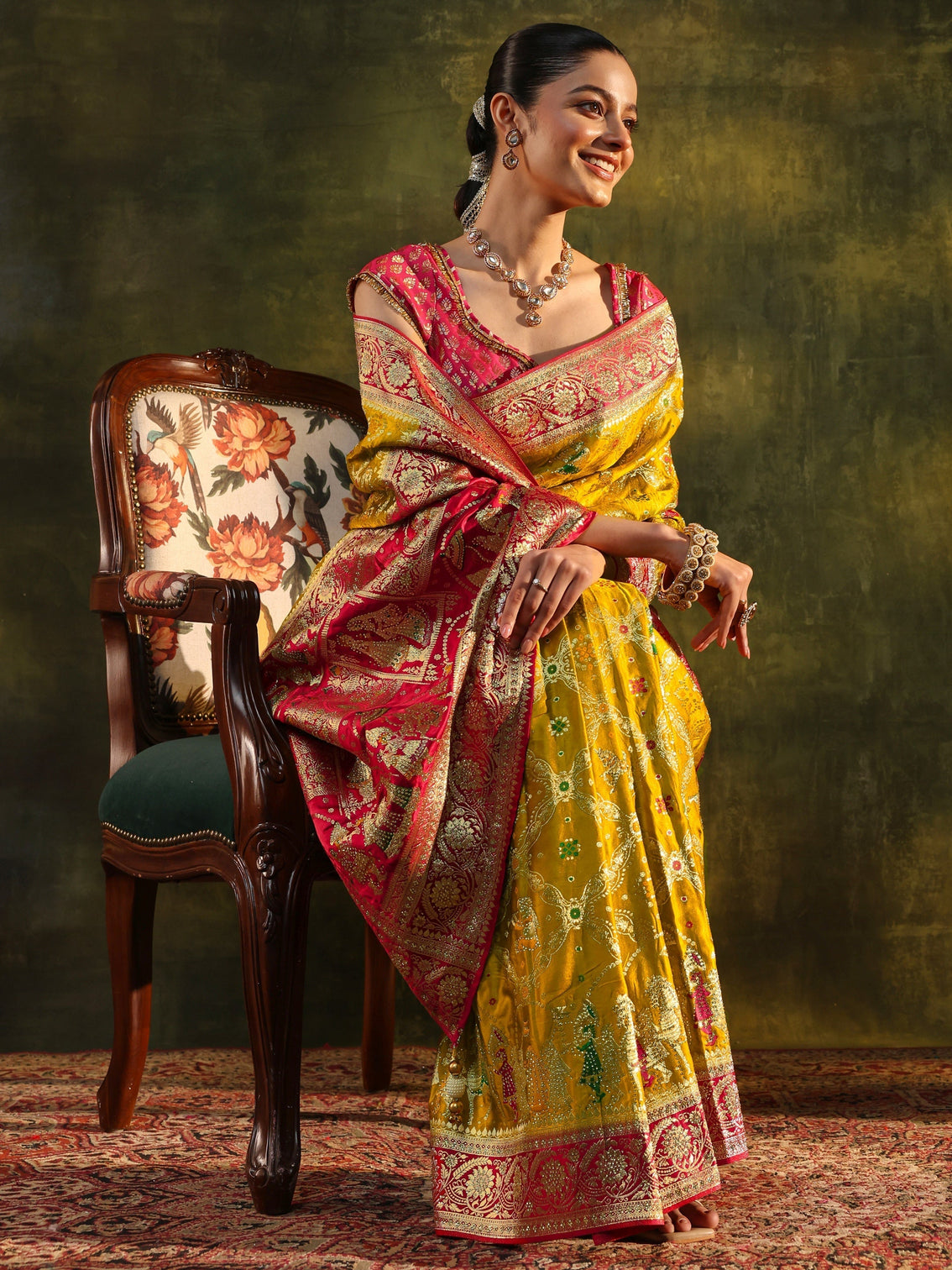 Mameraa Art Mustard Gharchola Woven Design Satin Saree With Unstitched Blouse Piece