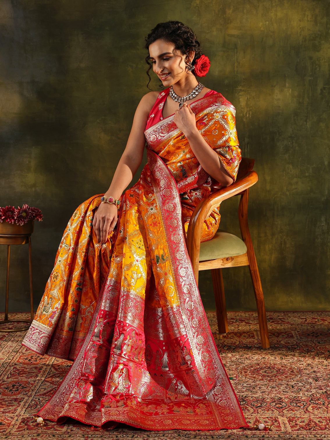 Mameraa Art Mustard Gharchola Woven Design Satin Saree With Unstitched Blouse Piece