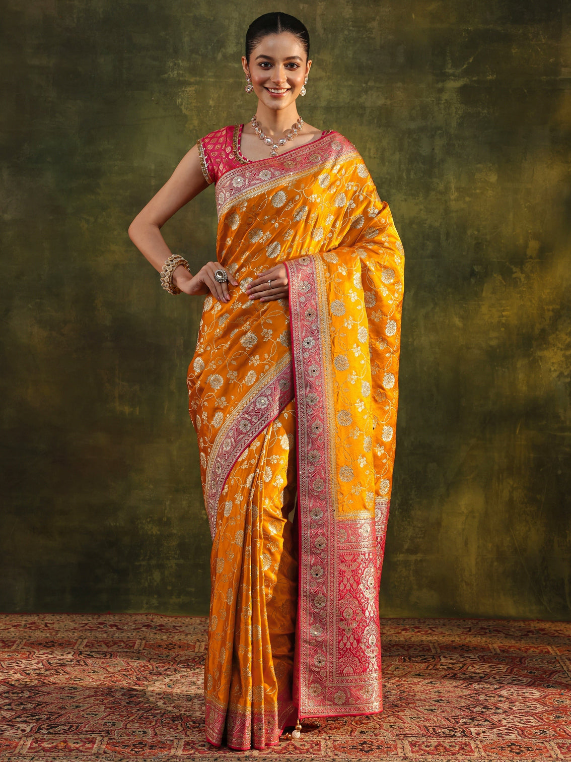 Mameraa Art Mustard Woven Design Silk Blend Banarasi Saree With Unstitched Blouse Piece