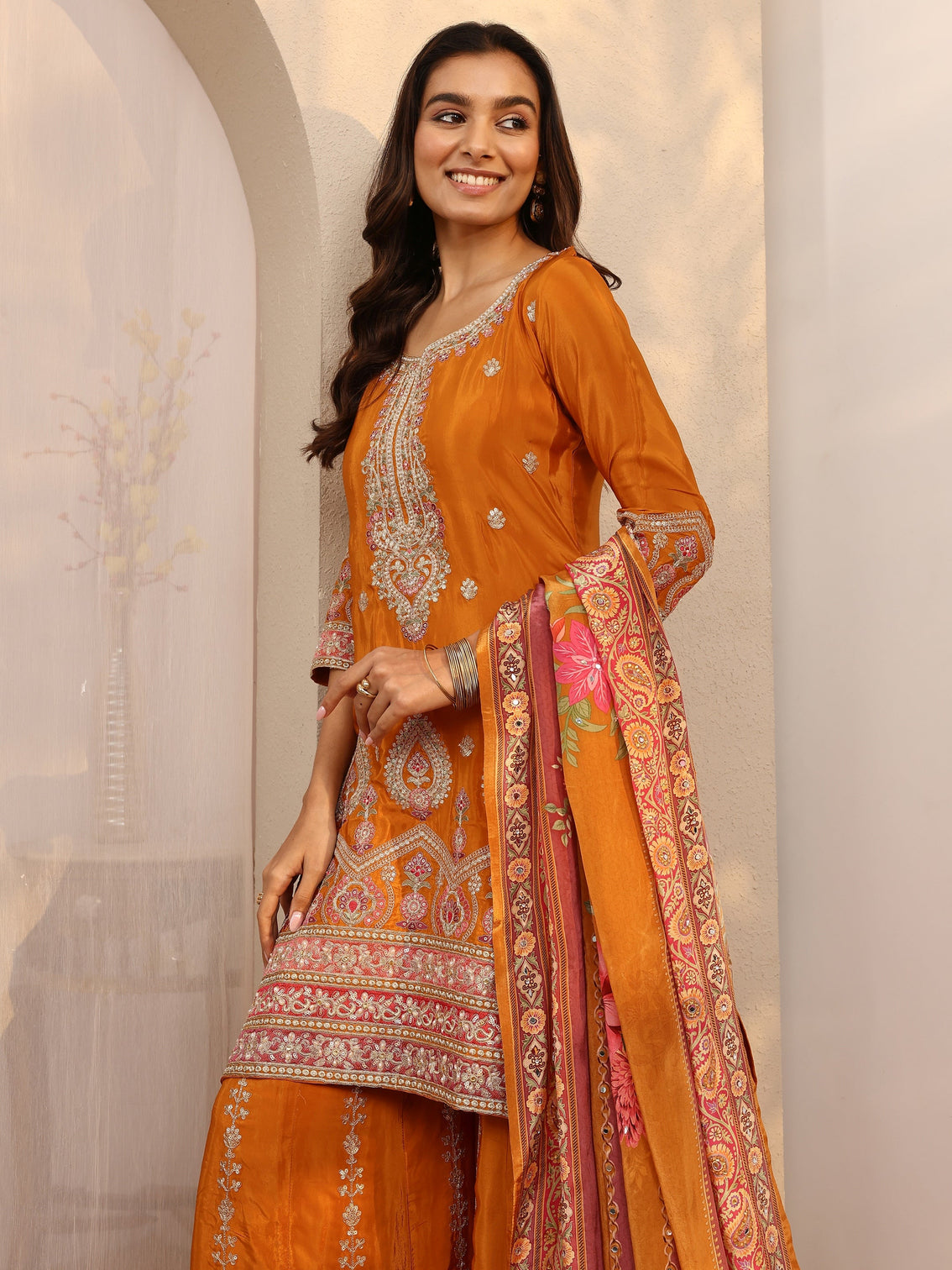 Mameraa Art Orange Embroidered Crepe Straight Suit Set With Dupatta