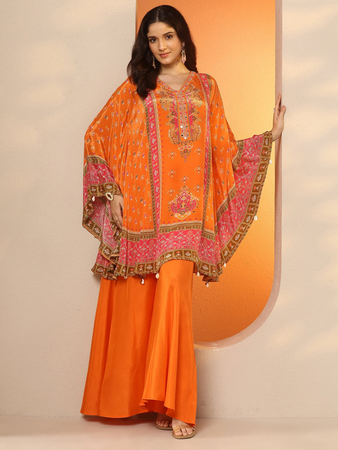 Mameraa Orange Printed Crepe A-Line Kurta Set