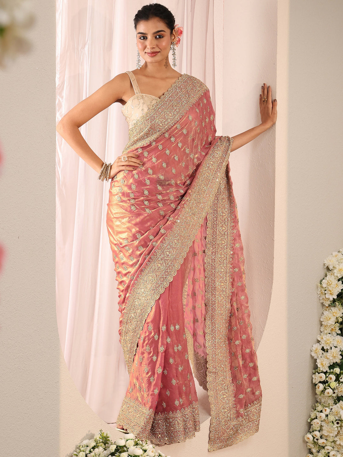 Mameraa Art Peach Embellished Tissue Saree With Unstitched Blouse Piece